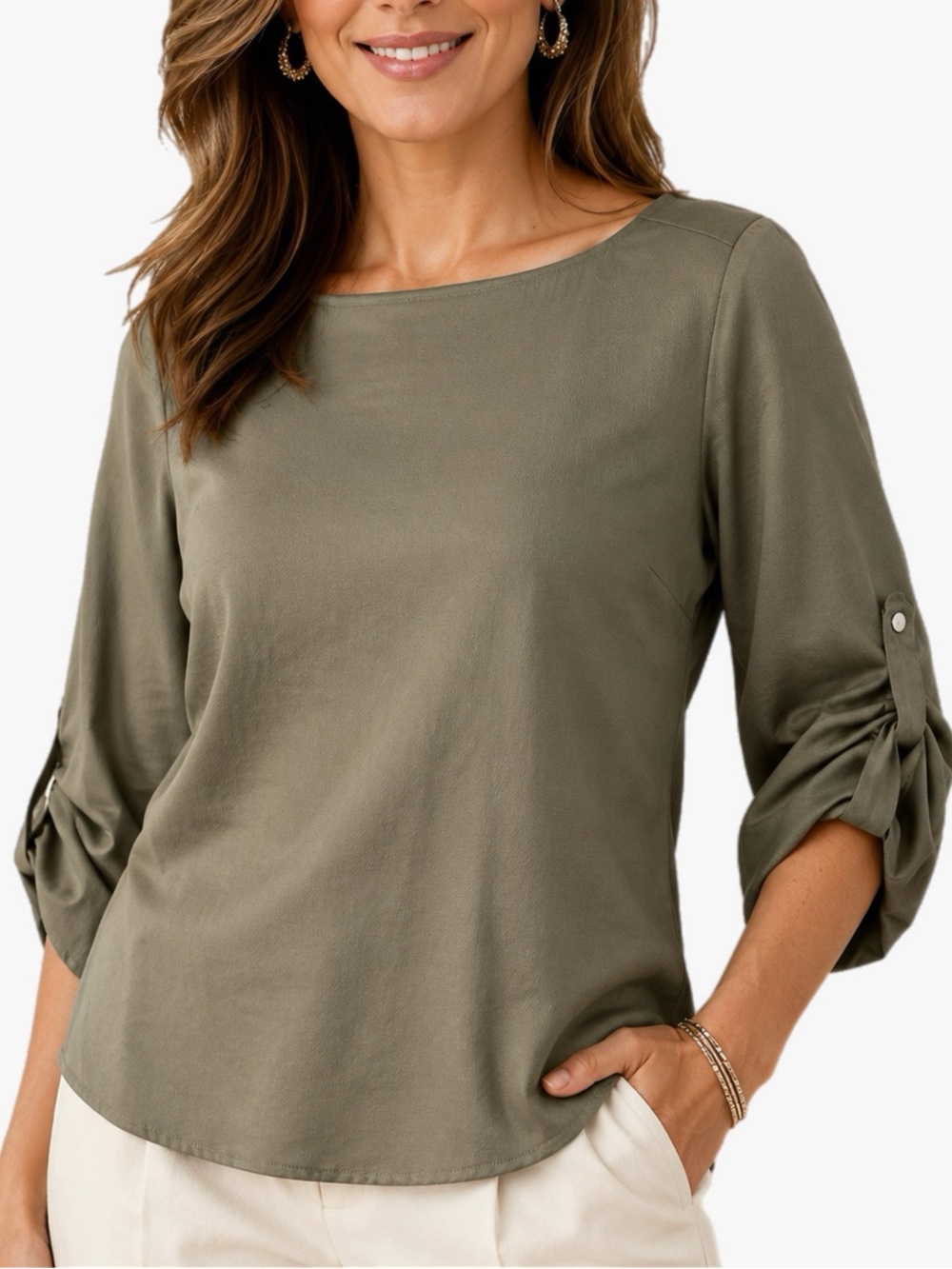 Chicos Classic Olive Green Women’s Size Small Boatneck Blouse 3/4 Tact Sleeve